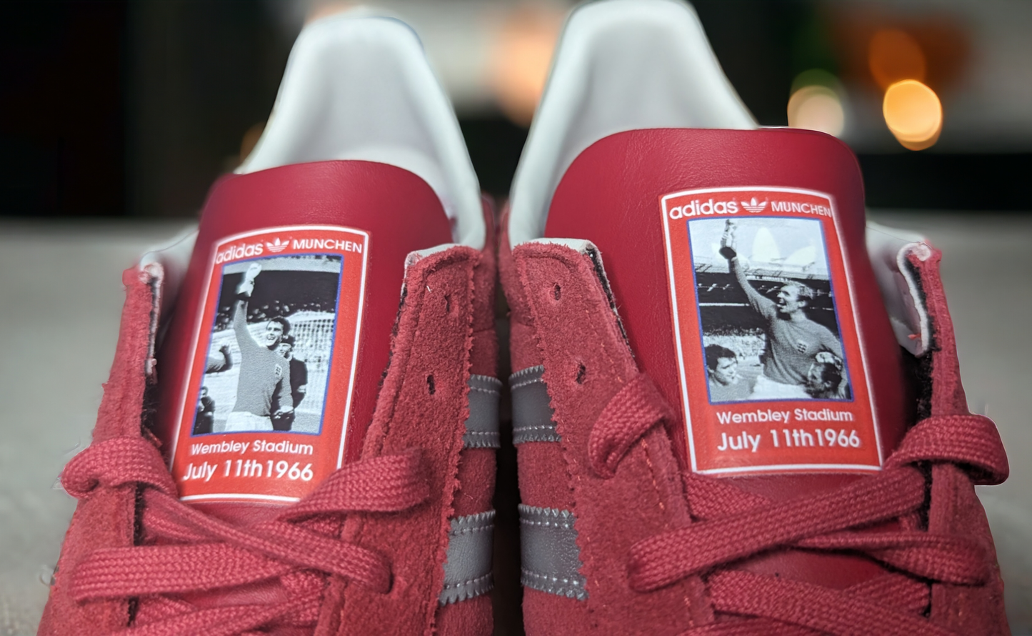 Limited edition England `66 world cup winners inspired red / white Adidas custom Munchen trainers / sneakers