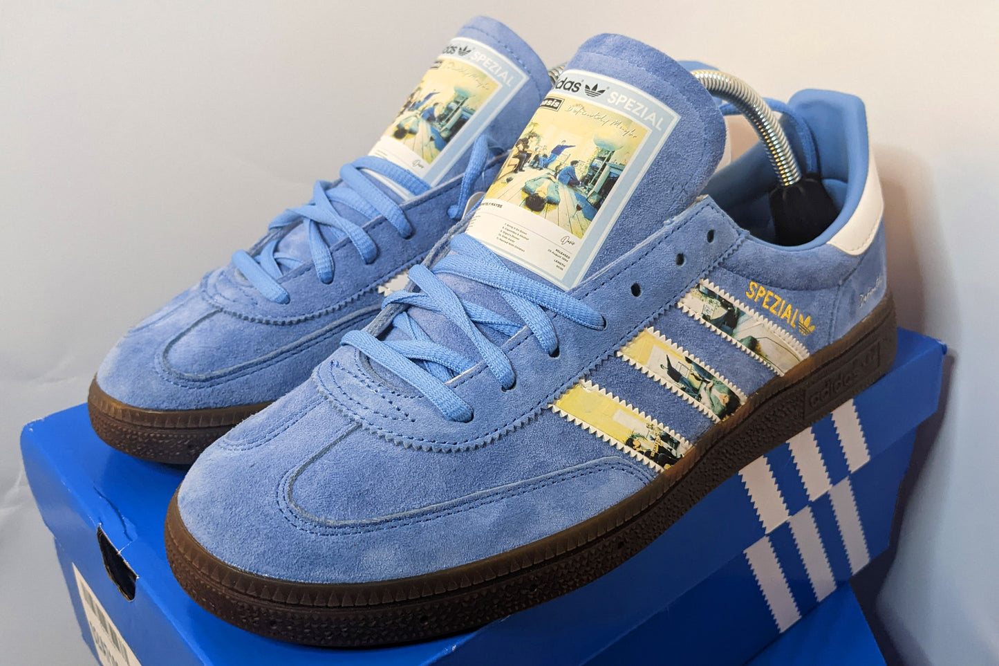 Limited edition Oasis Definitely maybe inspired Light Blue Adidas custom Handball Spezial trainers / sneakers