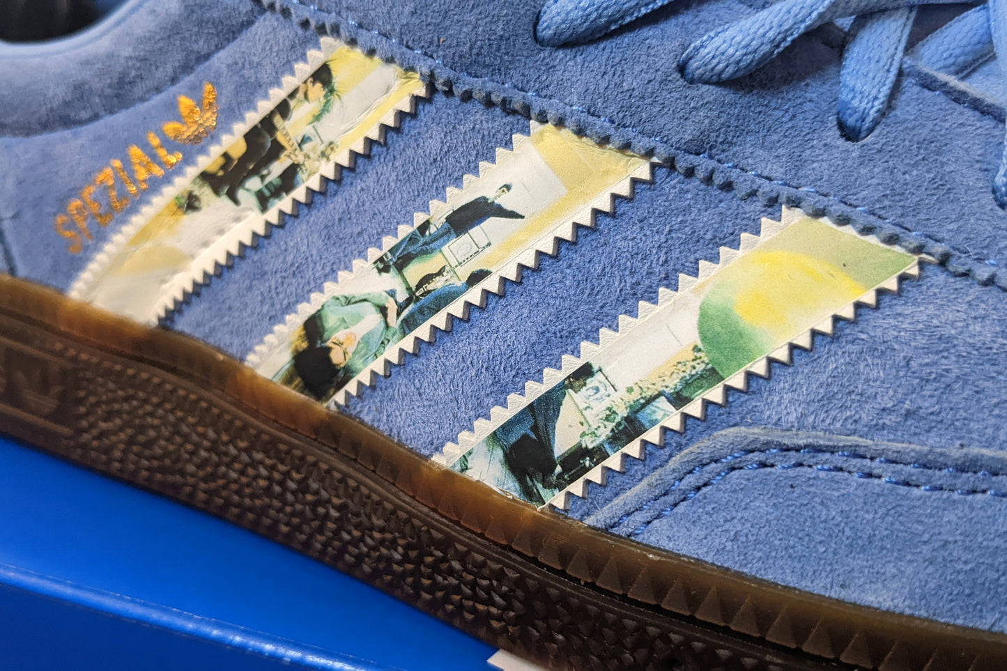 Limited edition Oasis Definitely maybe inspired Light Blue Adidas custom Handball Spezial trainers / sneakers