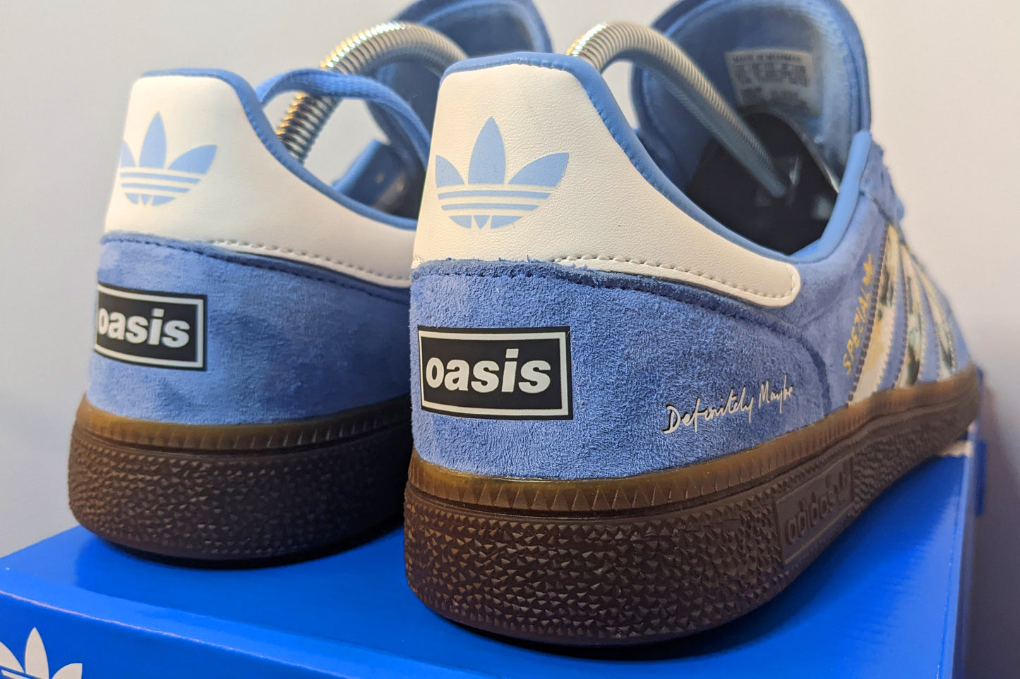 Limited edition Oasis Definitely maybe inspired Light Blue Adidas custom Handball Spezial trainers / sneakers
