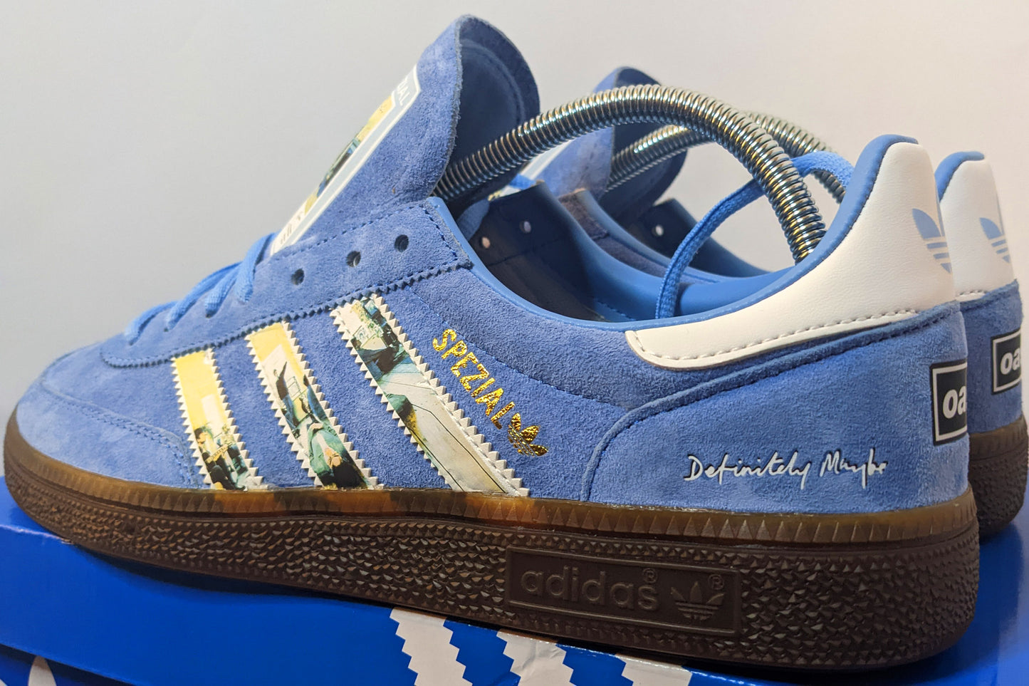 Limited edition Oasis Definitely maybe inspired Light Blue Adidas custom Handball Spezial trainers / sneakers