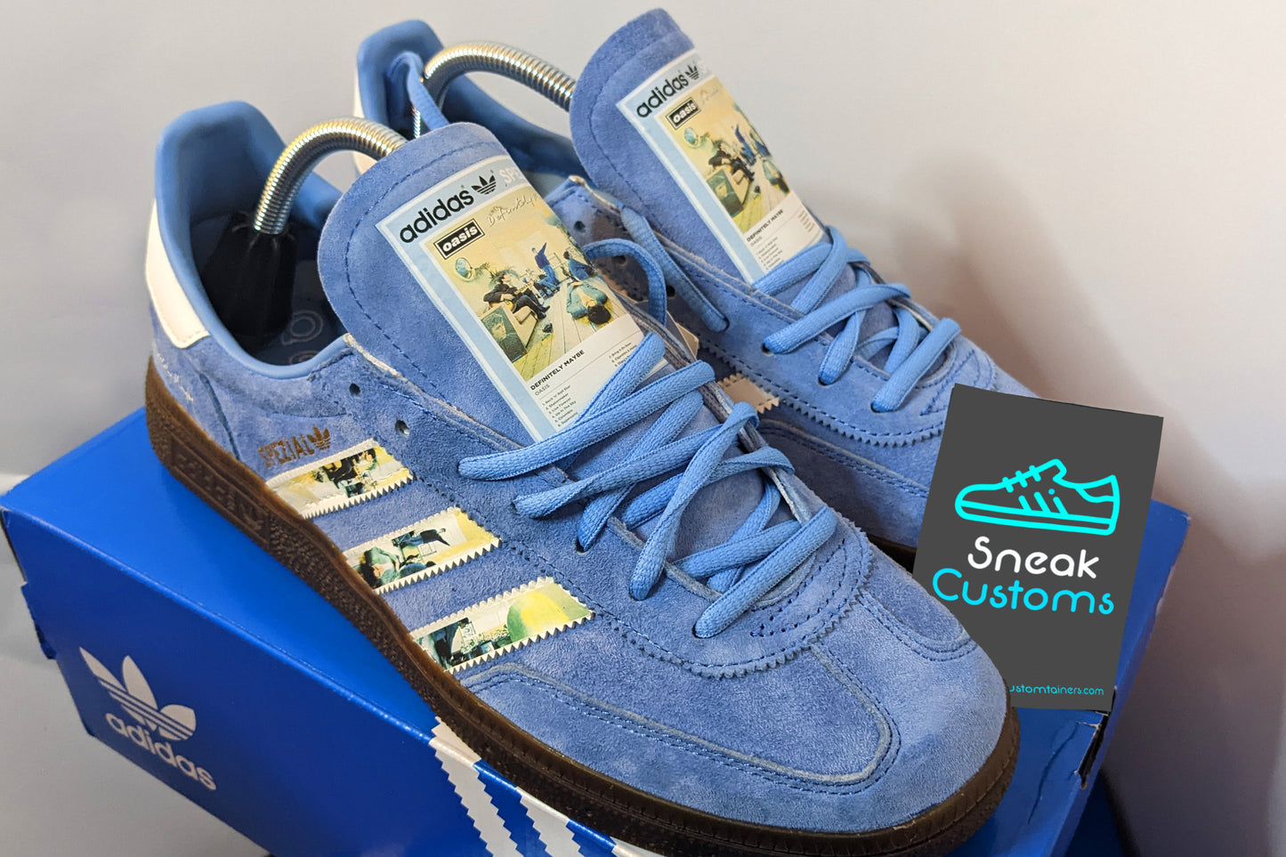 Limited edition Oasis Definitely maybe inspired Light Blue Adidas custom Handball Spezial trainers / sneakers