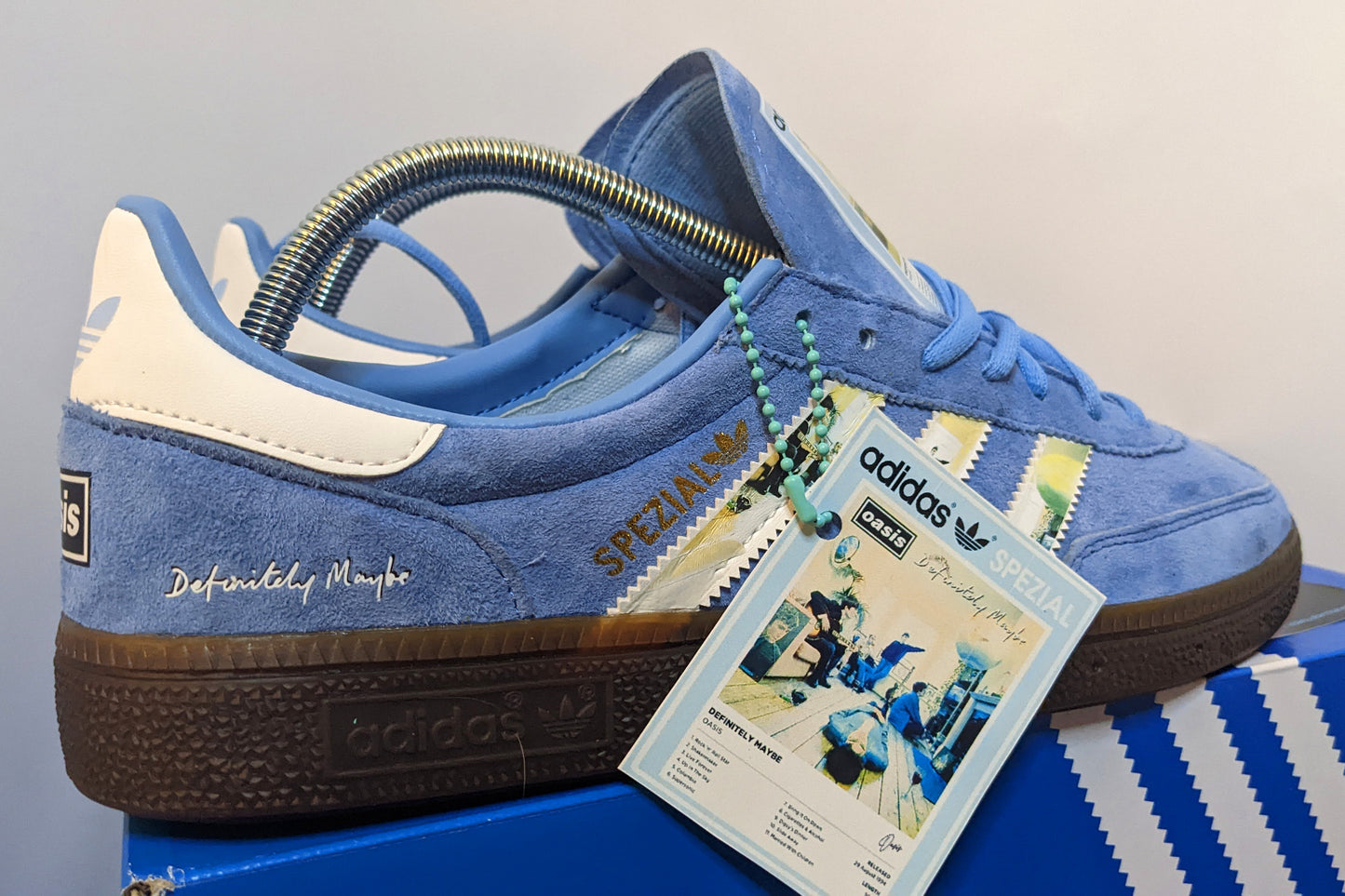 Limited edition Oasis Definitely maybe inspired Light Blue Adidas custom Handball Spezial trainers / sneakers