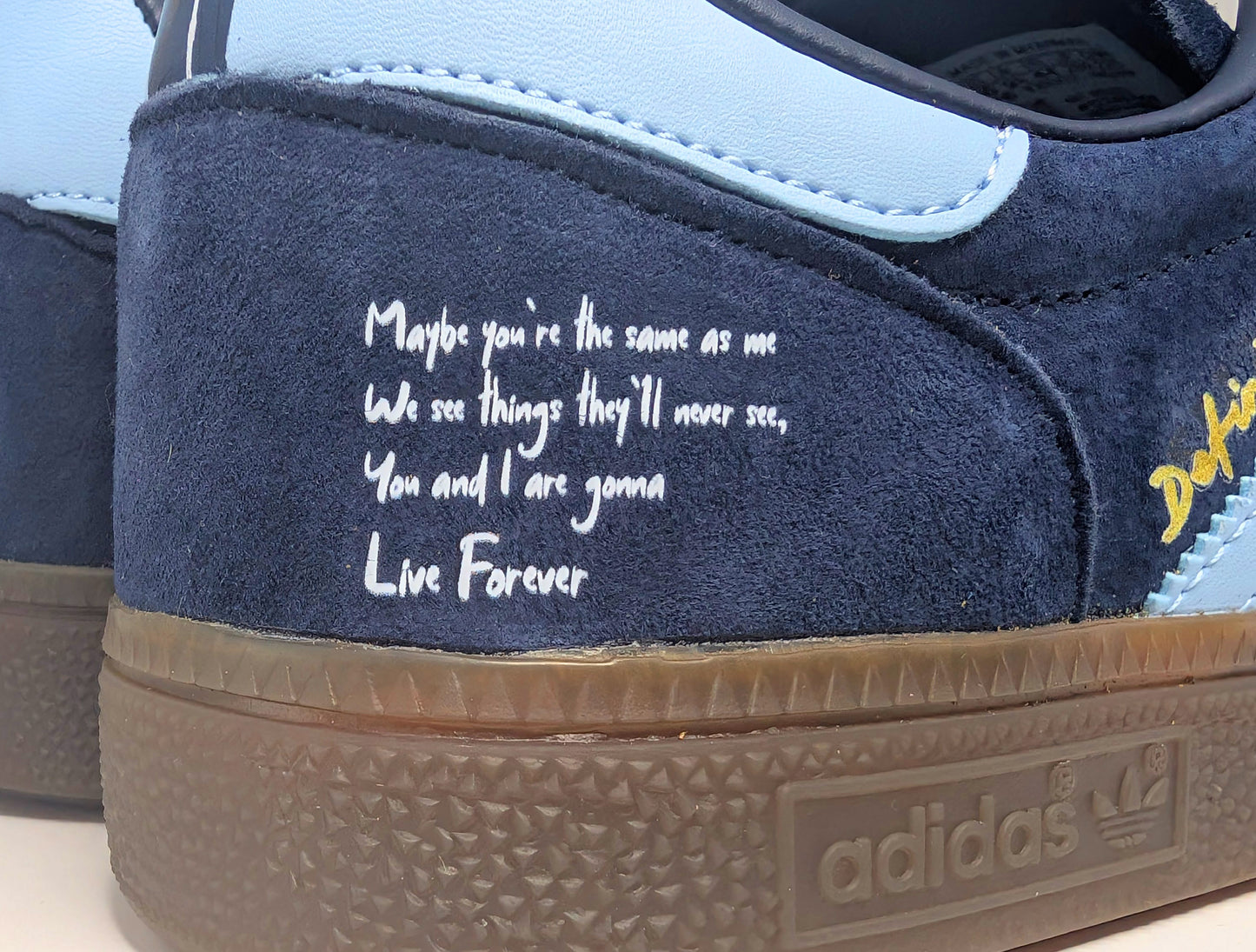 Limited edition Oasis Definitely maybe / Live Forever Liam Gallagher inspired blue /white Adidas custom Handball Spezial trainers / sneakers