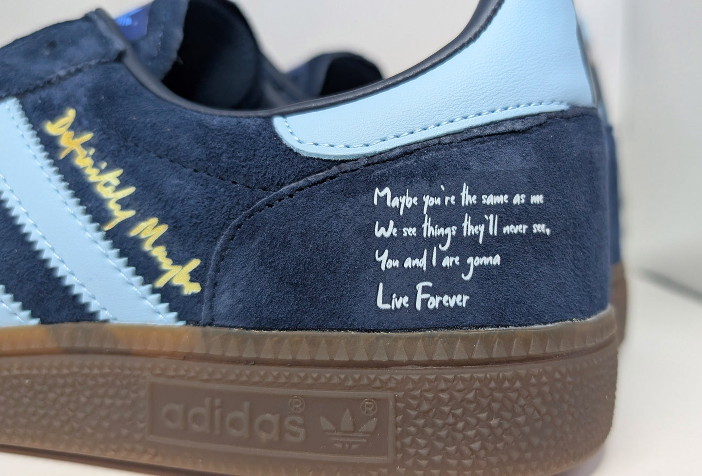 Limited edition Oasis Definitely maybe / Live Forever Liam Gallagher inspired blue /white Adidas custom Handball Spezial trainers / sneakers