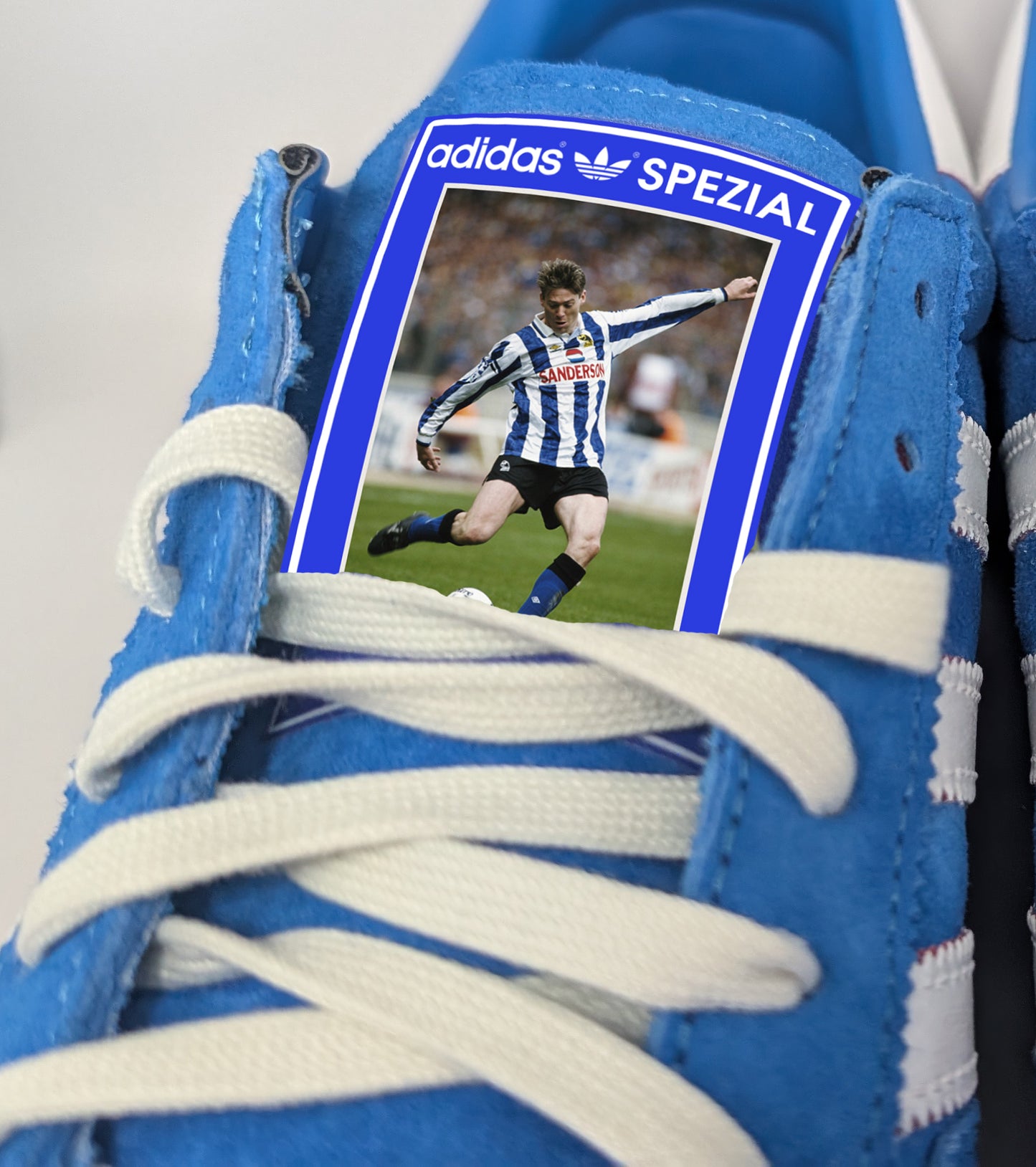 Limited edition Sheffield Wednesday Chris Waddle inspired blue /white/ suede Adidas custom Handball Spezial trainers / sneakers