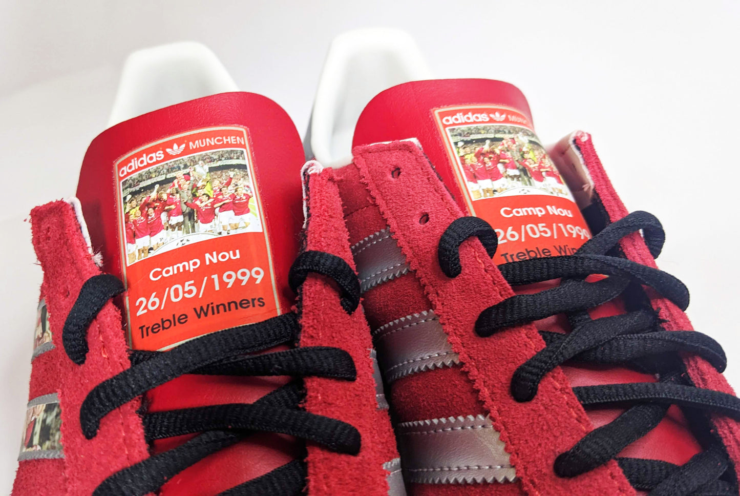 Limited edition Manchester United Treble winners inspired Red / Silver Adidas custom Munchen trainers / sneakers