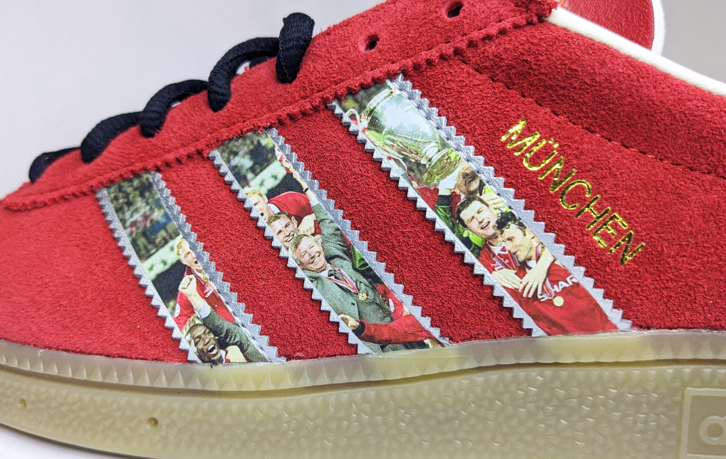 Limited edition Manchester United Treble winners inspired Red / Silver Adidas custom Munchen trainers / sneakers