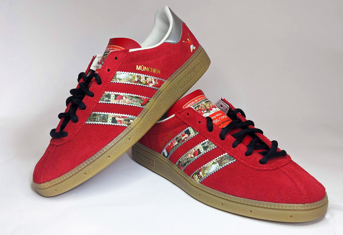 Limited edition Manchester United Treble winners inspired Red / Silver Adidas custom Munchen trainers / sneakers