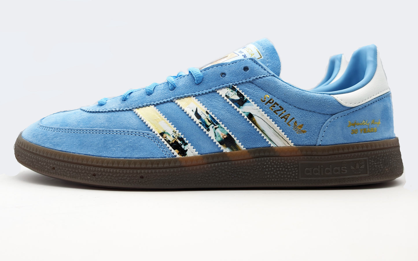 Limited edition Oasis Definitely maybe Liam Gallagher tour 2024 inspired light blue /white Adidas custom Handball Spezial trainers / sneakers