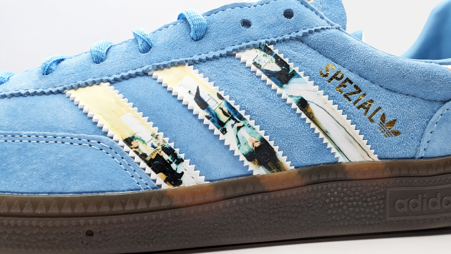 Limited edition Oasis Definitely maybe Liam Gallagher tour 2024 inspired light blue /white Adidas custom Handball Spezial trainers / sneakers
