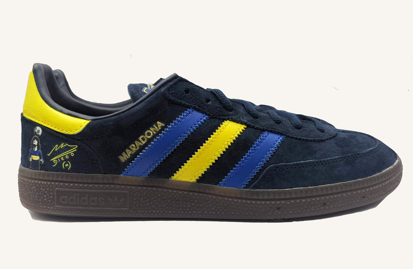 Limited edition Diego Maradona Boca Juniors Navy / Yellow / Blue Adidas custom Handball Spezial trainers / sneakers