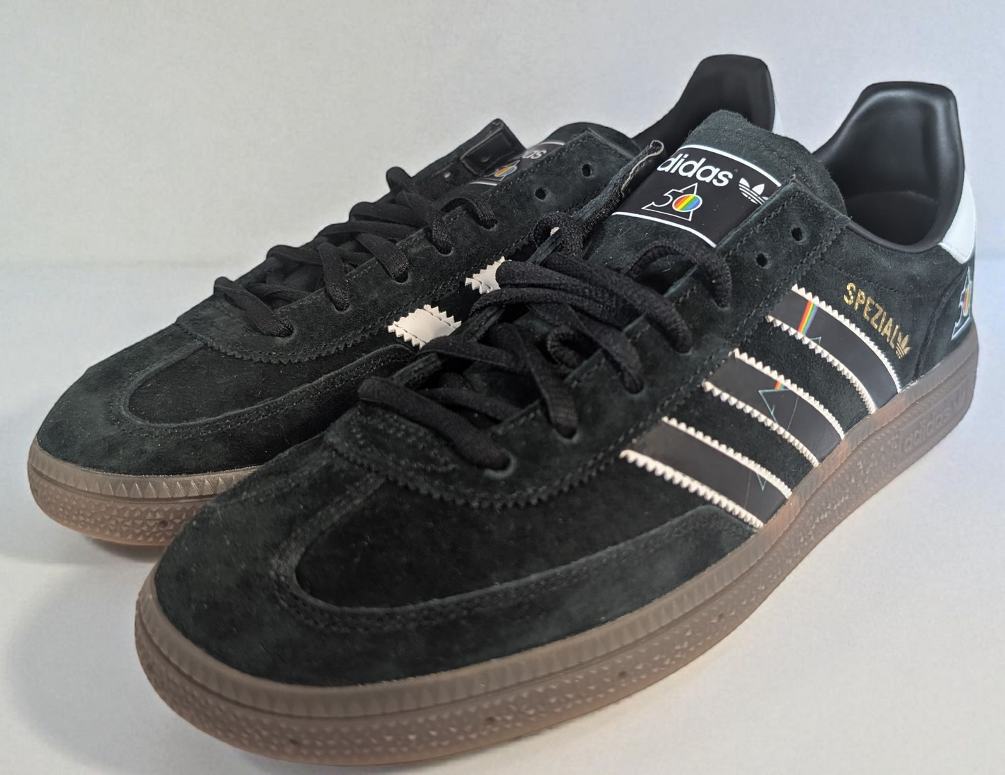 Limited edition Pink Floyd Dark side of the moon 50th anniversary black / white Adidas custom Handball Spezial trainers / sneakers