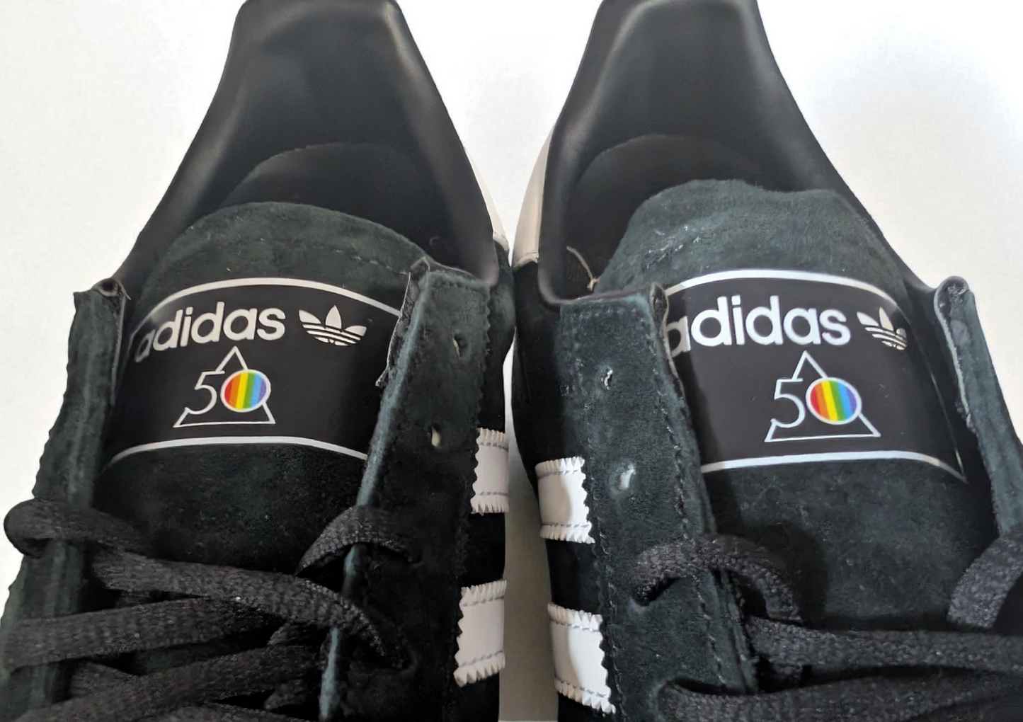Limited edition Pink Floyd Dark side of the moon 50th anniversary black / white Adidas custom Handball Spezial trainers / sneakers