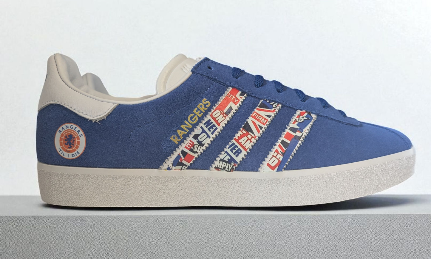 Limited edition Rangers Til I Die / blue / white Adidas custom Gazelle trainers / sneakers