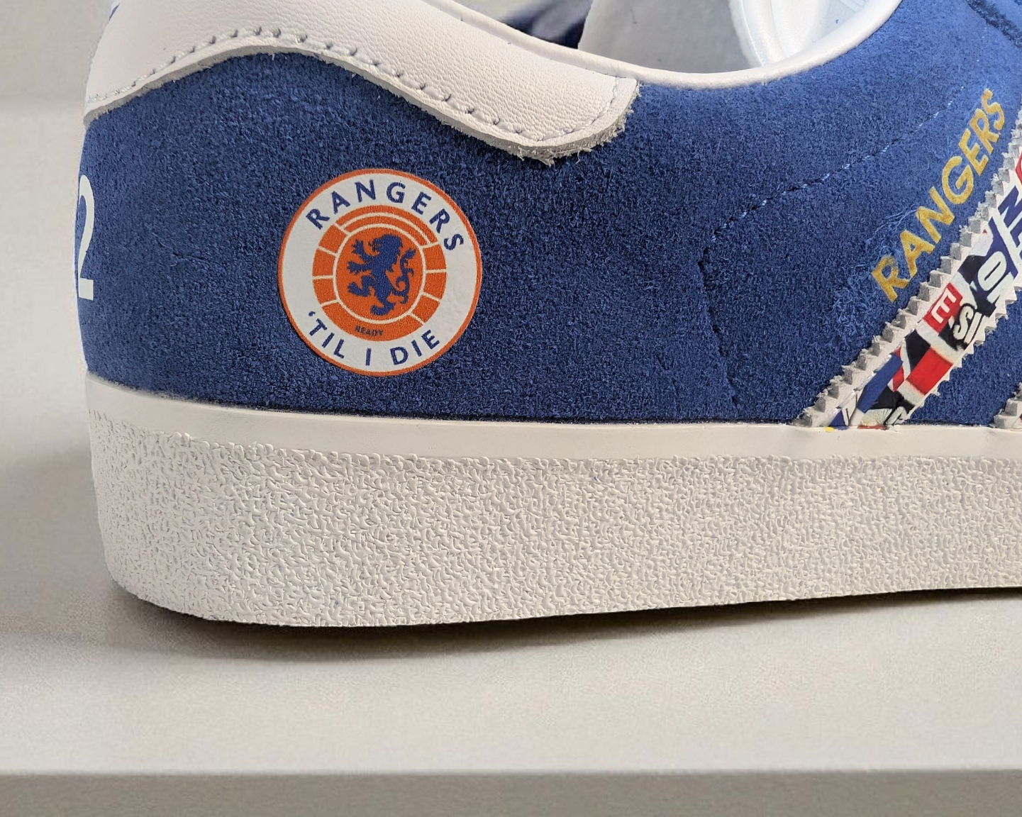 Limited edition Rangers Til I Die / blue / white Adidas custom Gazelle trainers / sneakers