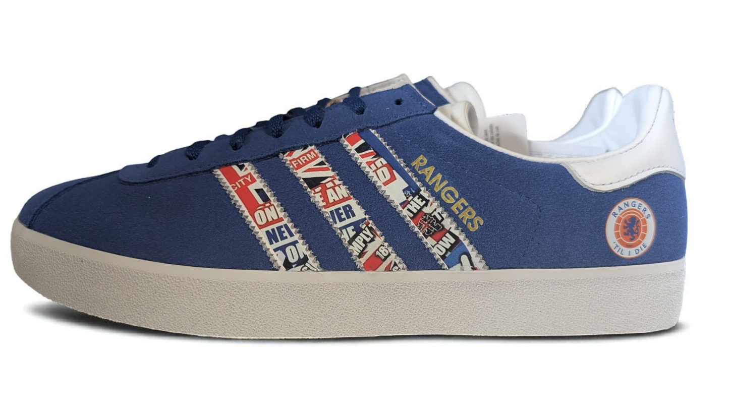 Limited edition Rangers Til I Die / blue / white Adidas custom Gazelle trainers / sneakers