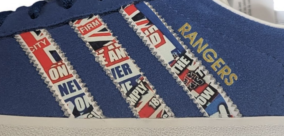 Limited edition Rangers Til I Die / blue / white Adidas custom Gazelle trainers / sneakers