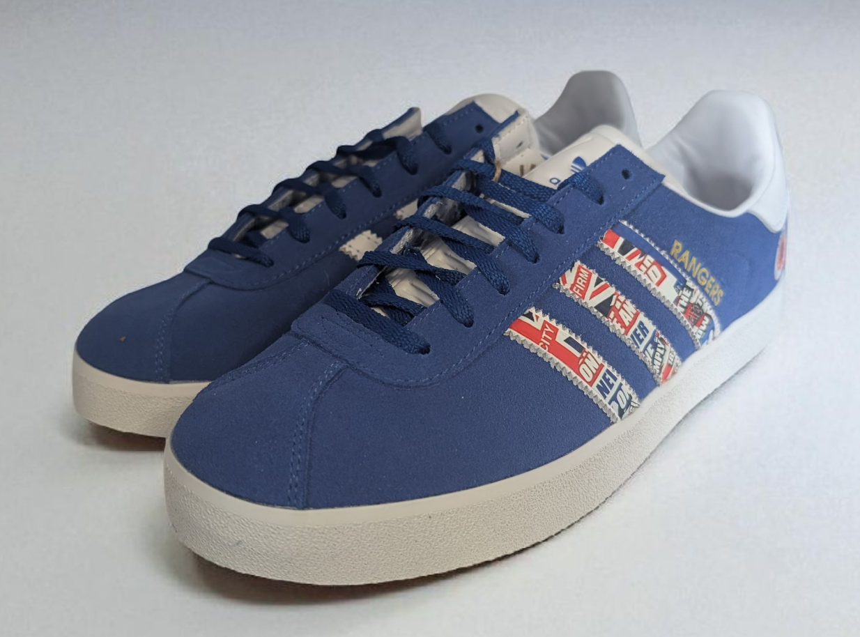 Limited edition Rangers Til I Die / blue / white Adidas custom Gazelle trainers / sneakers