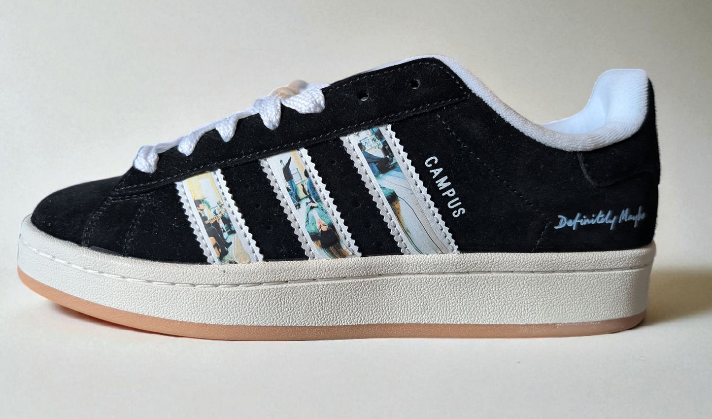 Limited edition Oasis Definitely maybe black / white Adidas custom Campus trainers / sneakers