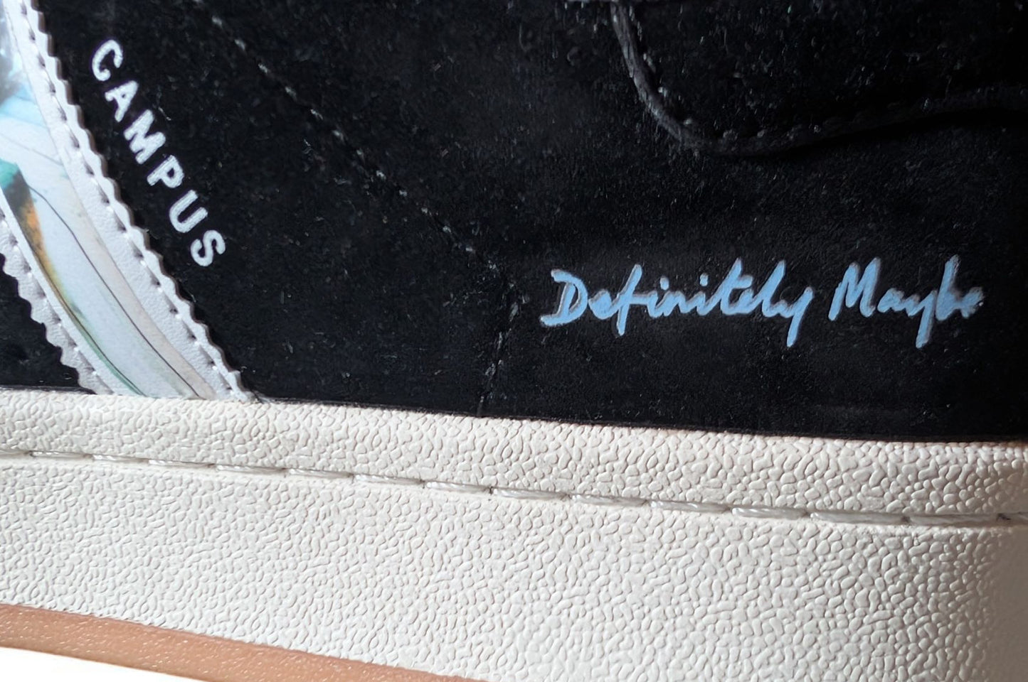 Limited edition Oasis Definitely maybe black / white Adidas custom Campus trainers / sneakers