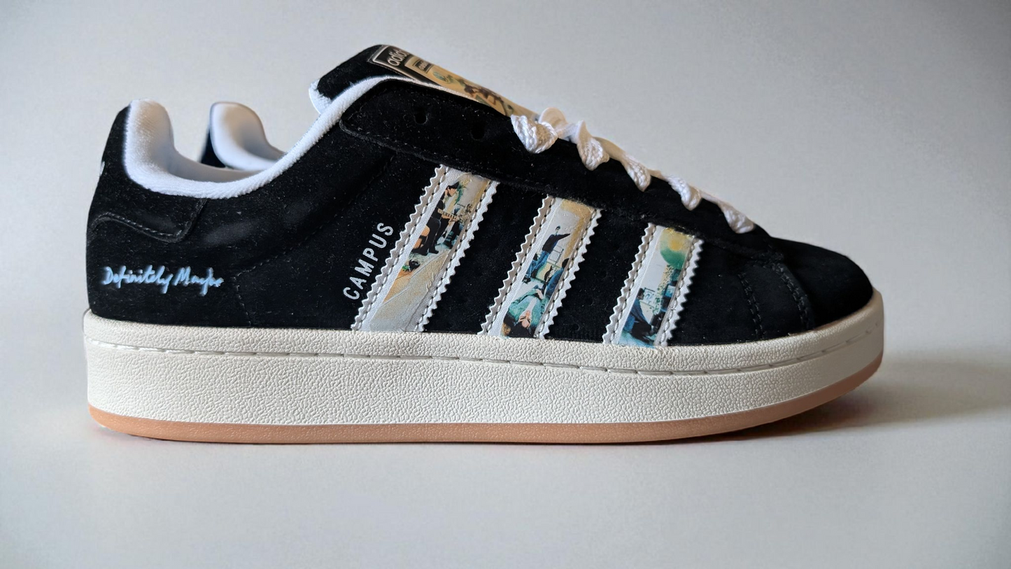 Limited edition Oasis Definitely maybe black / white Adidas custom Campus trainers / sneakers