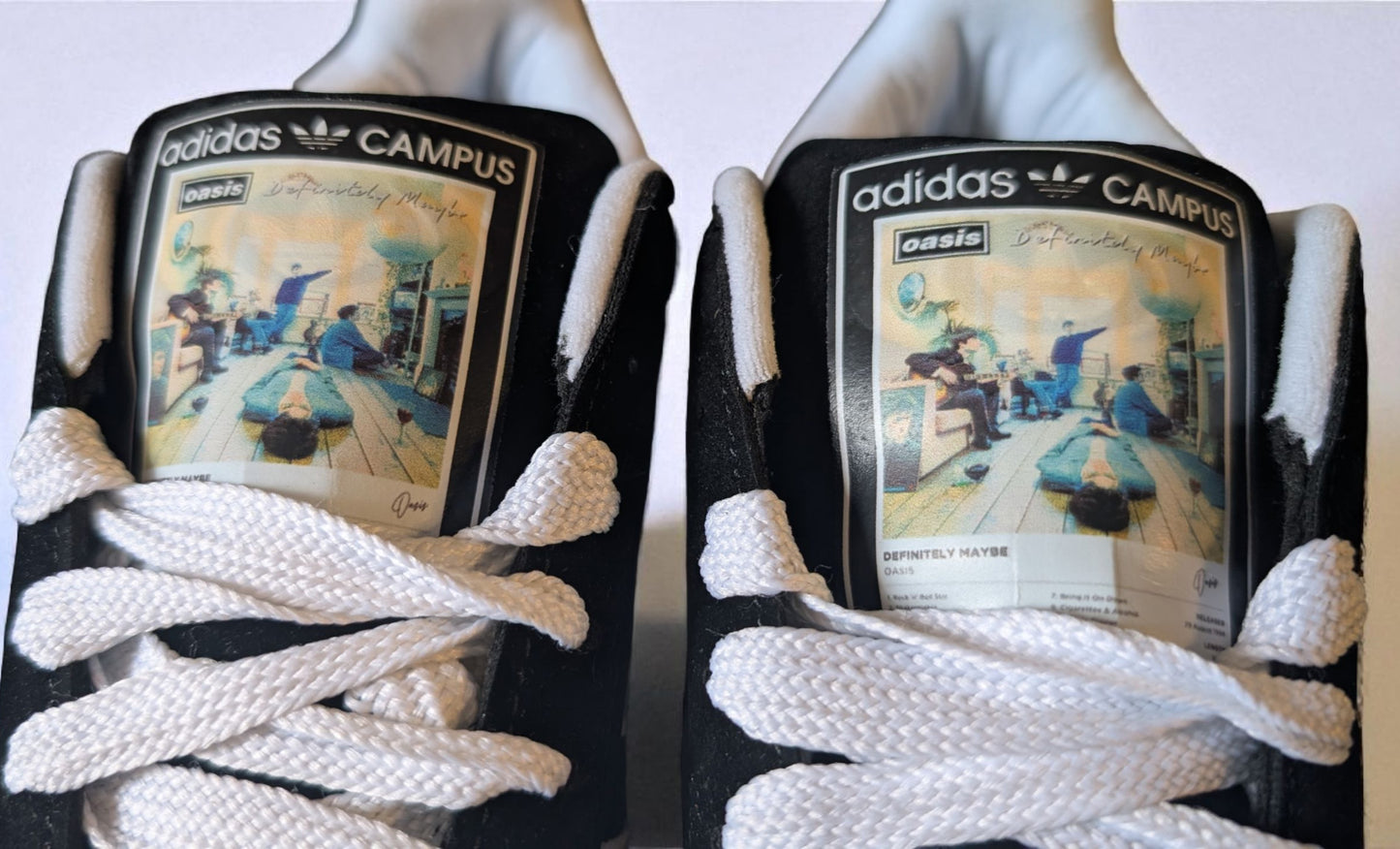 Limited edition Oasis Definitely maybe black / white Adidas custom Campus trainers / sneakers