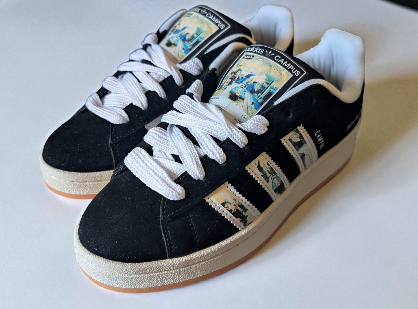 Limited edition Oasis Definitely maybe black / white Adidas custom Campus trainers / sneakers