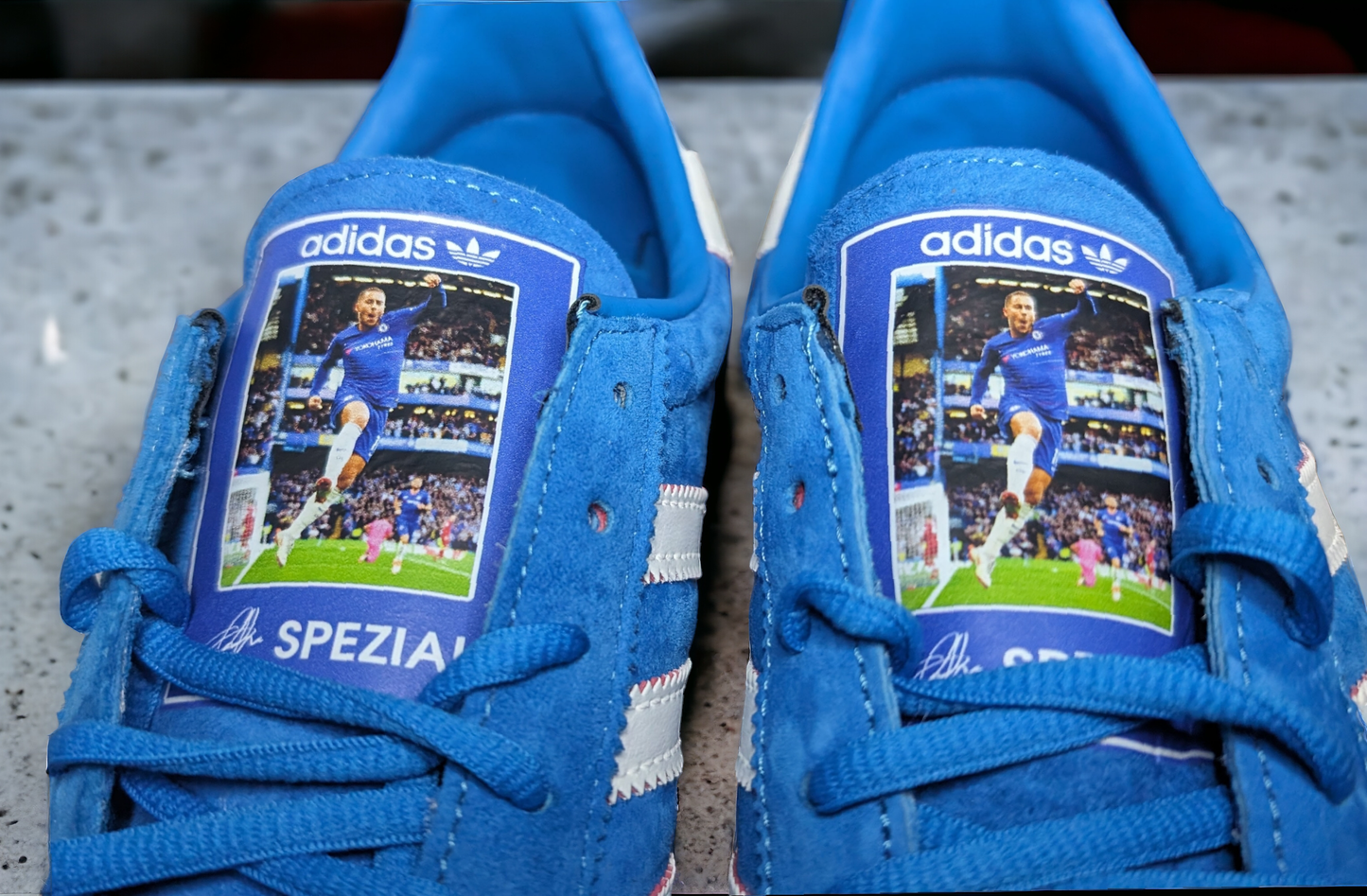 Limited edition Chelsea FC Eden Hazard inspired blue /white/ suede Adidas custom Handball Spezial trainers / sneakers
