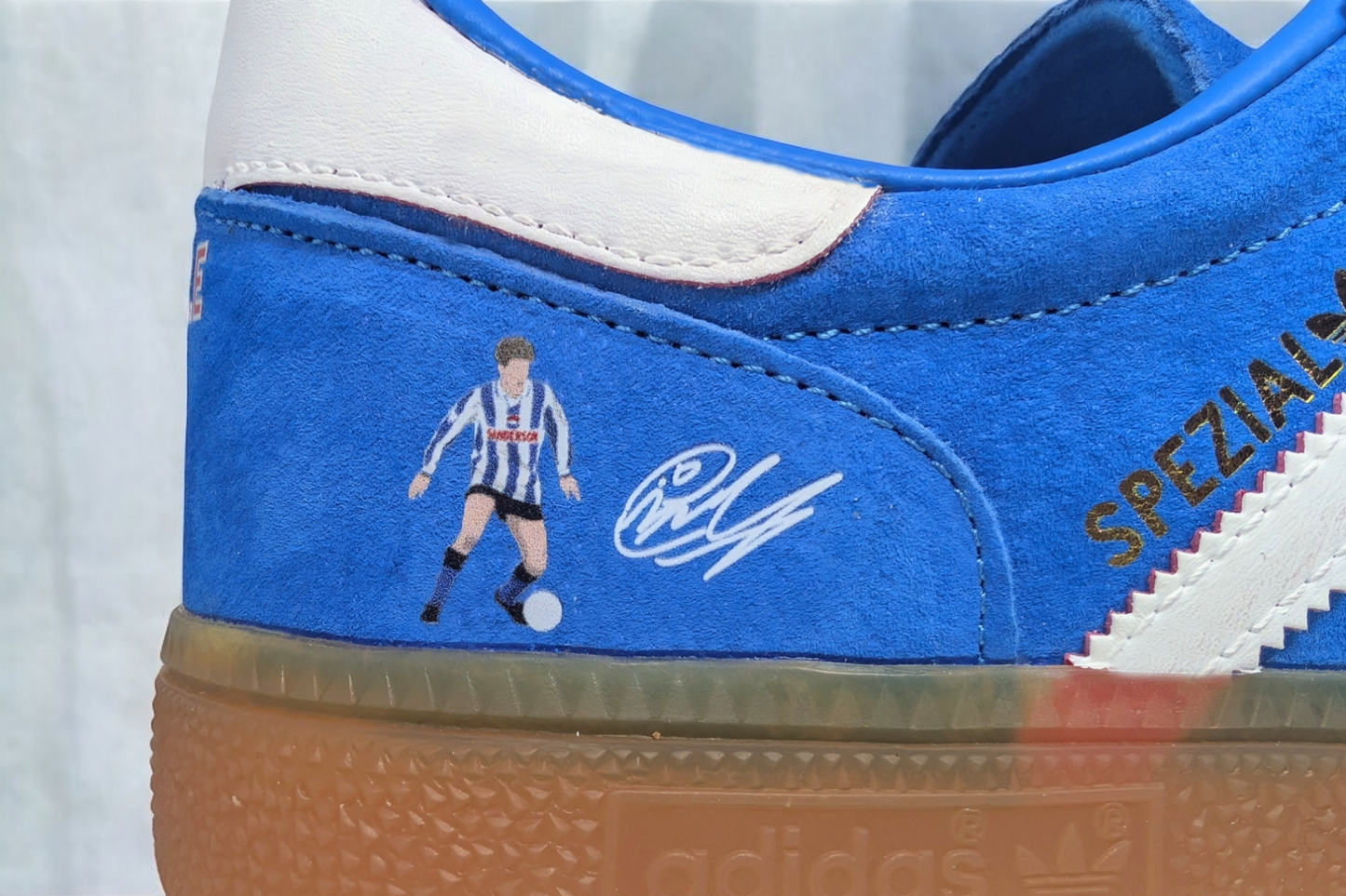 Limited edition Sheffield Wednesday Chris Waddle inspired blue /white/ suede Adidas custom Handball Spezial trainers / sneakers