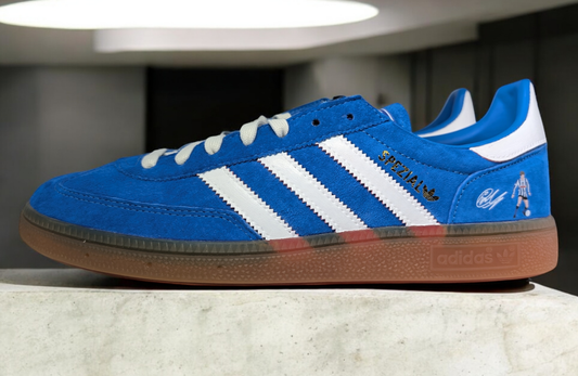 Limited edition Sheffield Wednesday Chris Waddle inspired blue /white/ suede Adidas custom Handball Spezial  trainers / sneakers