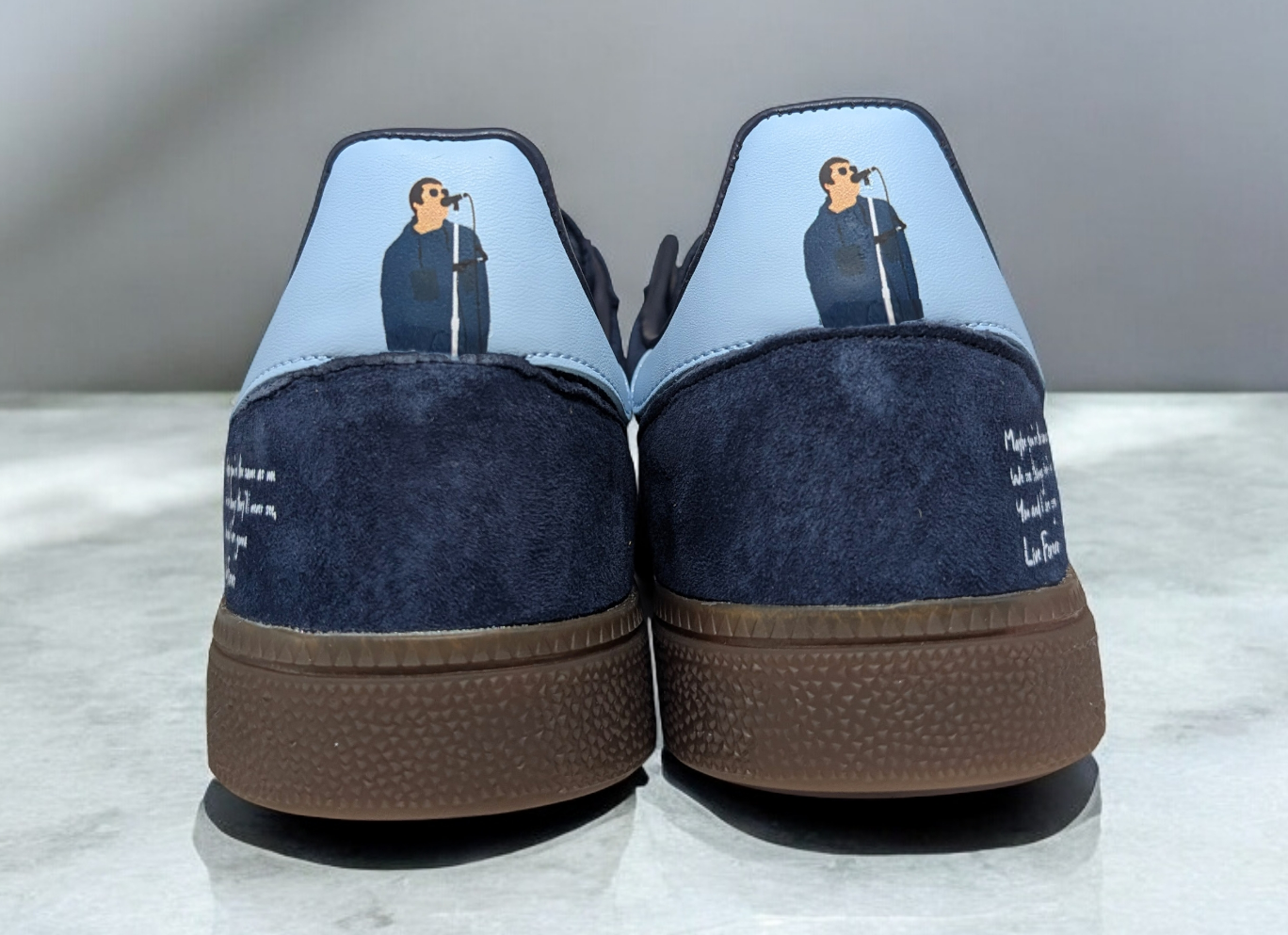 Limited edition Oasis Definitely maybe / Live Forever Liam Gallagher inspired blue /white Adidas custom Handball Spezial trainers / sneakers