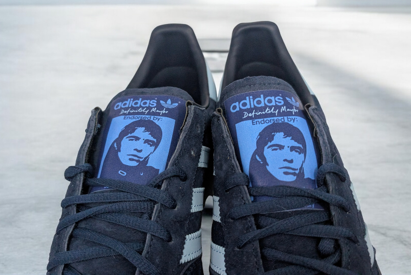 Limited edition Oasis Definitely maybe / Live Forever Liam Gallagher inspired blue /white Adidas custom Handball Spezial trainers / sneakers