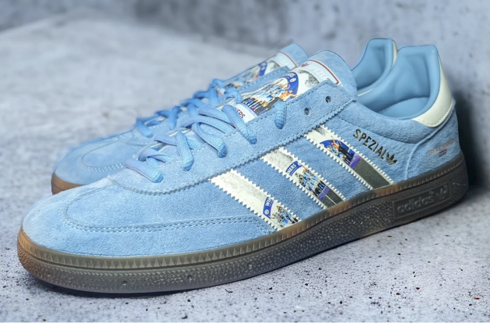 Limited edition Manchester City Treble Winners `23 inspired light blue/ white / burgundy Adidas custom Handball Spezial trainers / sneakers