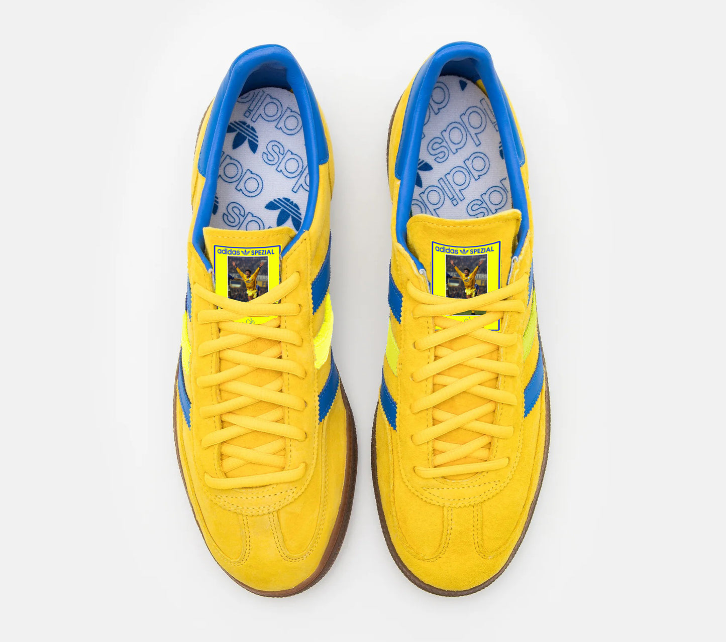 Limited edition Leeds Utd FC retro Gary Speed yellow / blue Adidas custom Spezial trainers / sneakers