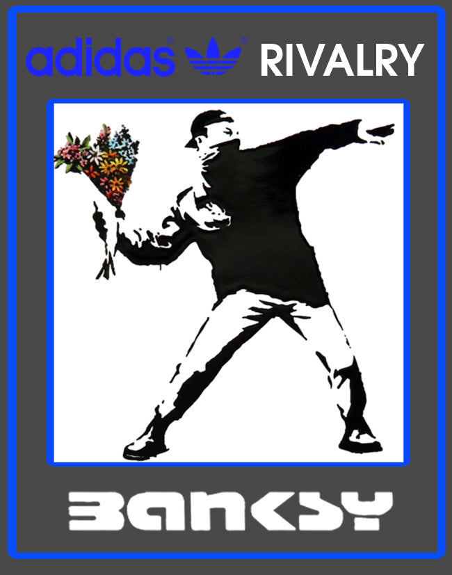 Limited edition Banksy Flower Thrower black/ white/ blue Adidas custom Rivalry Mid trainers / sneakers