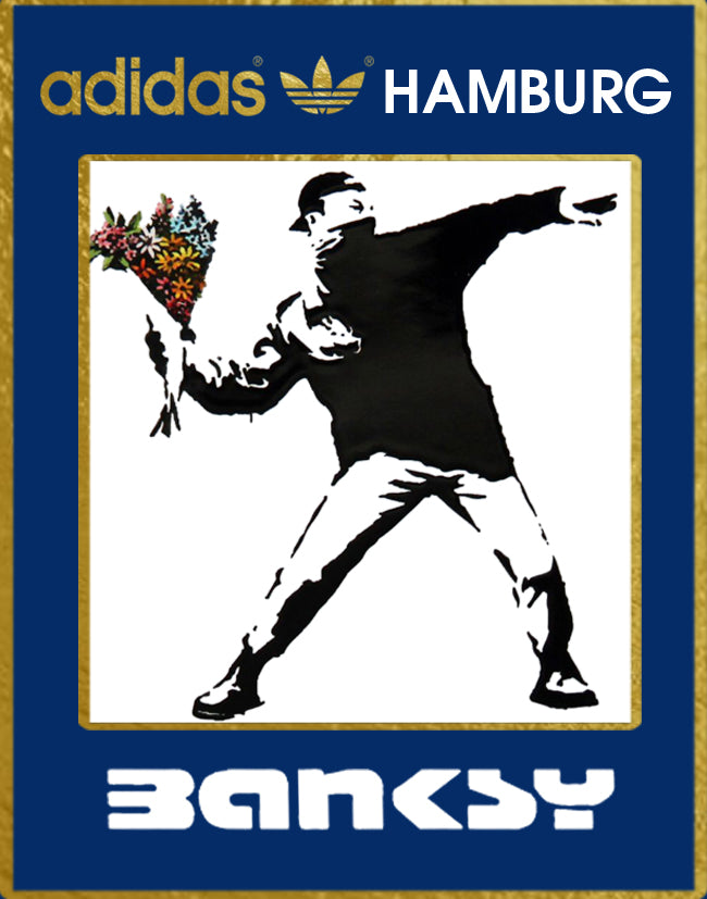 Limited edition Banksy Flower Thrower blue/ white/ gold Adidas custom Hamburg trainers / sneakers