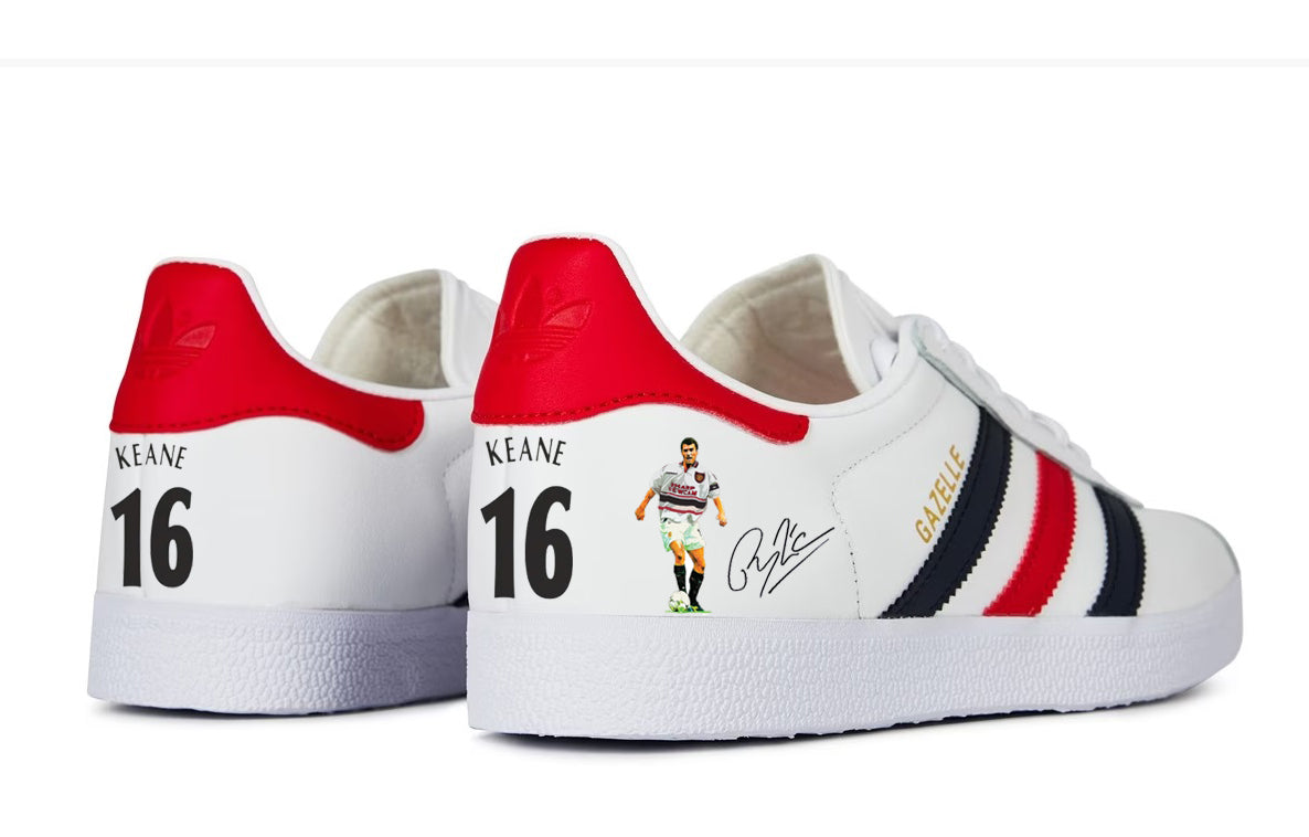Limited edition Manchester United Roy Keane `99 inspired White Red / Black Adidas custom Gazelle trainers / sneakers