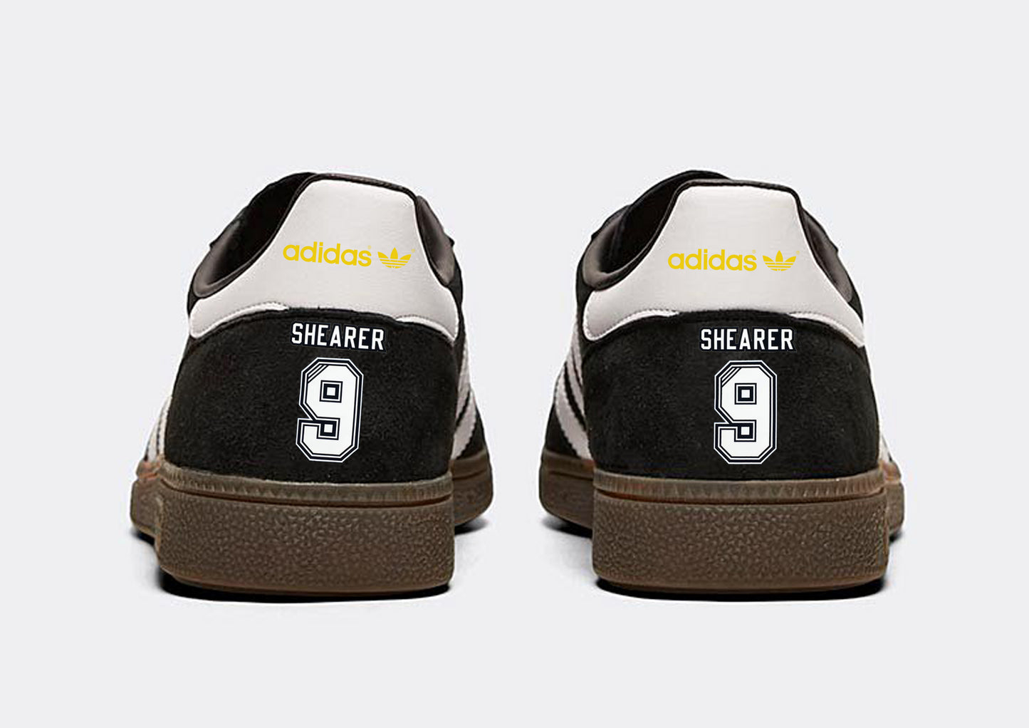 Limited edition retro Newcastle Alan Shearer inspired Black /White/ Adidas custom Handball Spezial trainers / sneakers