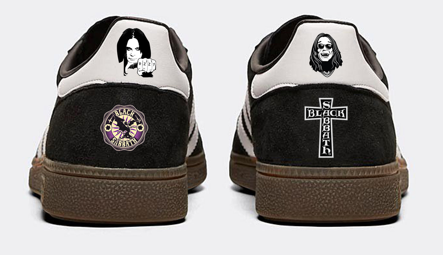 Limited edition Black Sabbath Ozzy Osbourne inspired black / purple Adidas custom Handball Spezial trainers / sneakers