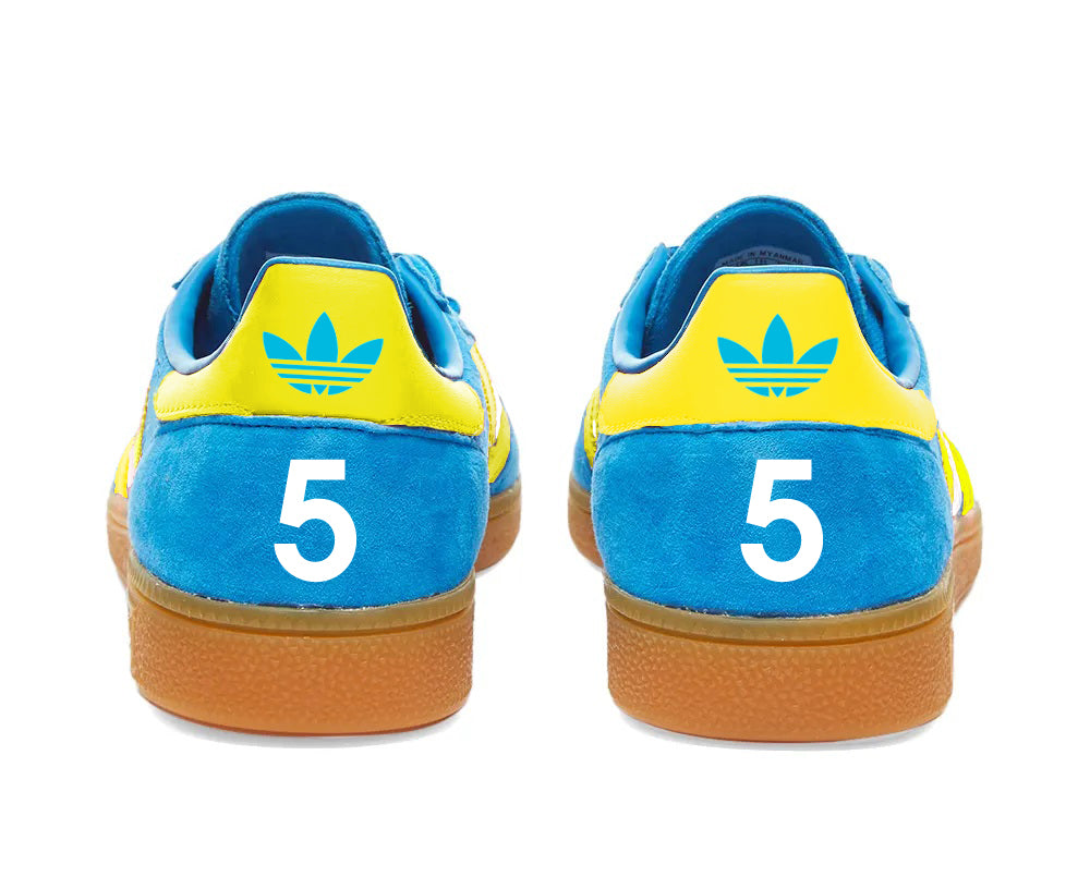 Limited edition Leeds United FC Jackie Charlton inspired blue /yellow Adidas custom Handball Spezial trainers / sneakers