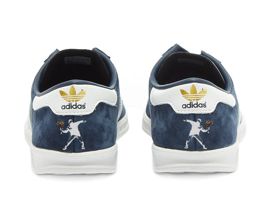 Limited edition Banksy Flower Thrower blue/ white/ gold Adidas custom Hamburg trainers / sneakers