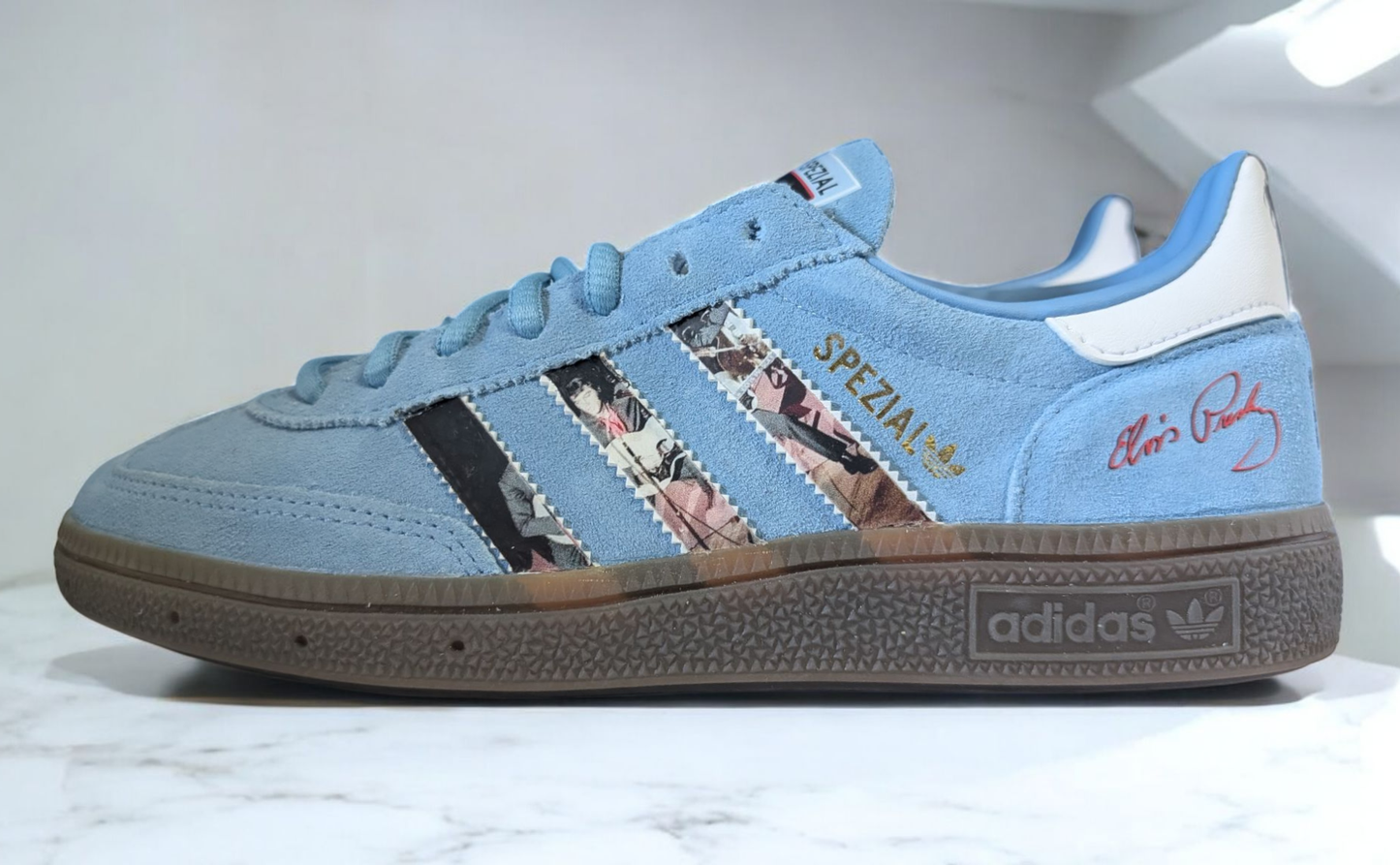 Limited edition Elvis Presley blue / white suede Adidas Handball Spezial trainers / sneakers