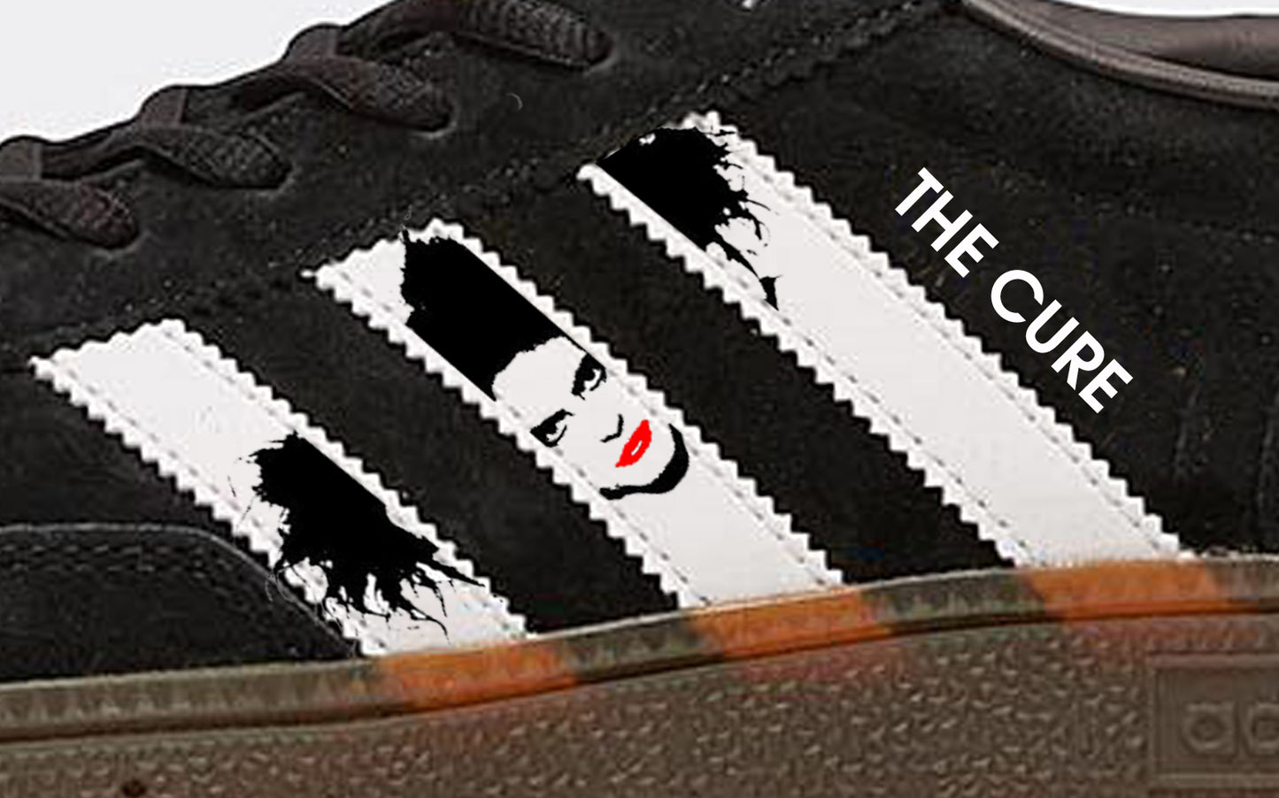 Limited edition The Cure Robert Smith inspired black / white Adidas custom Handball Spezial trainers / sneakers