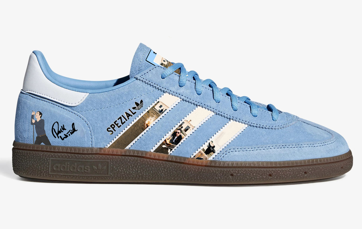 Limited edition Shed Seven A matter of Time inspired Light Blue Adidas custom Handball Spezial trainers / sneakers