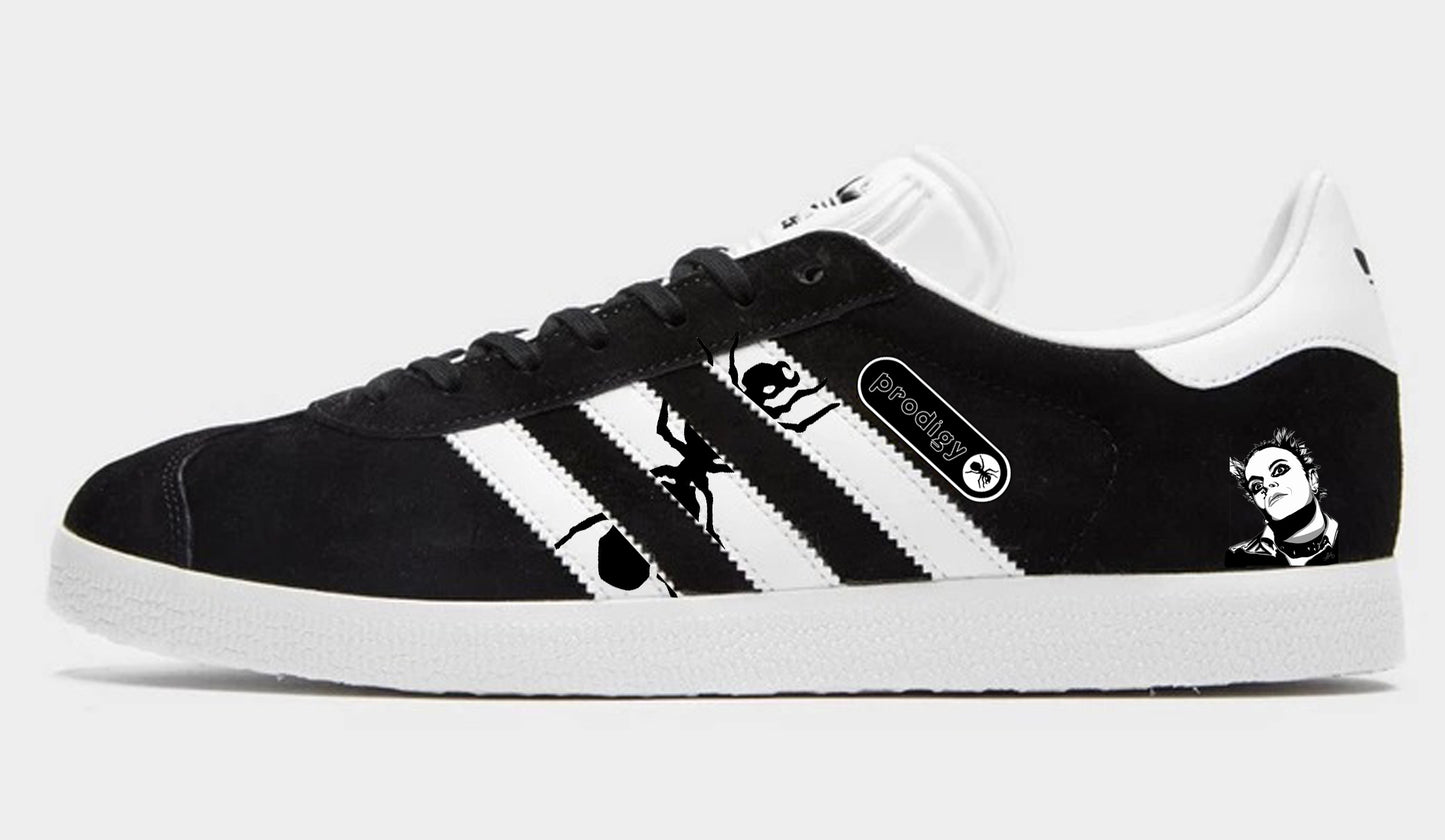 Limited edition The Prodigy / Keith Flint inspired Black  Adidas custom Gazelle trainers / sneakers