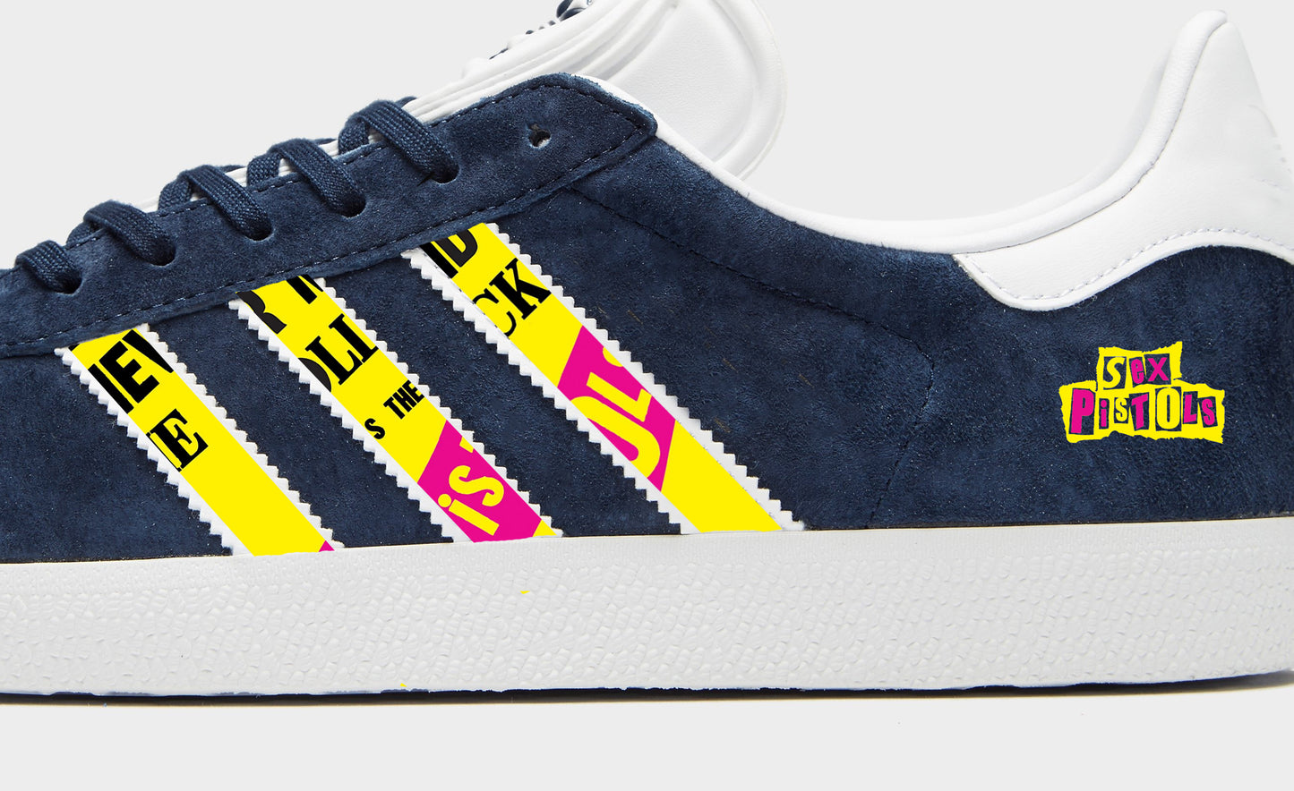 Limited edition Sex Pistois inspired custom Adidas Gazelle Dark blue trainers / sneakers