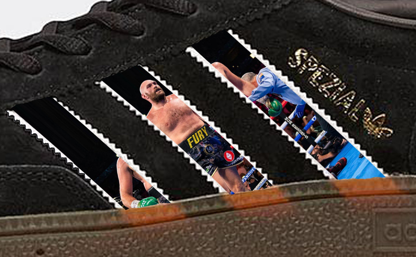 Limited edition Tyson Fury inspired Black / Gold / Green Adidas custom Handball Spezial trainers / sneakers