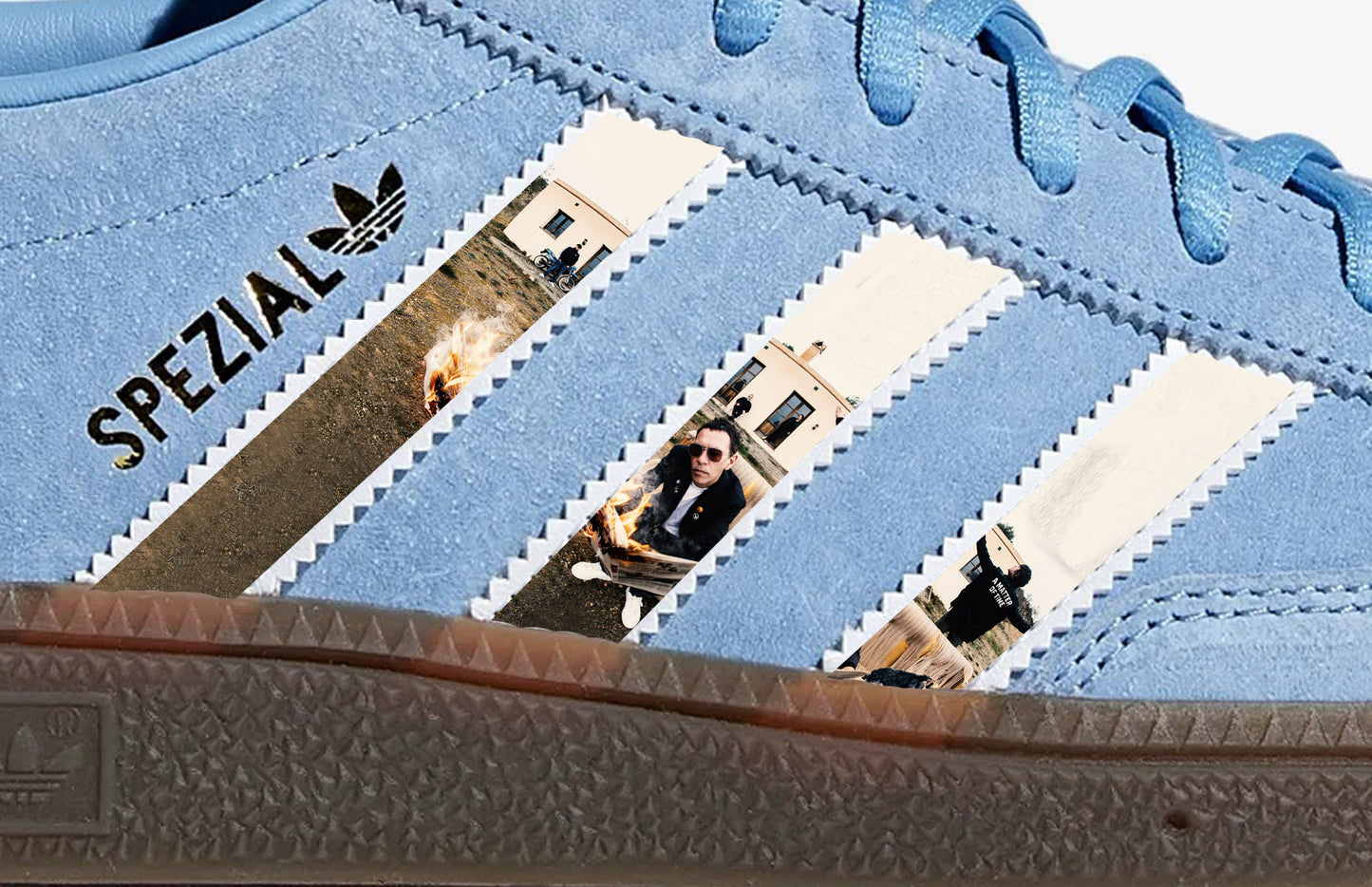 Limited edition Shed Seven A matter of Time inspired Light Blue Adidas custom Handball Spezial trainers / sneakers
