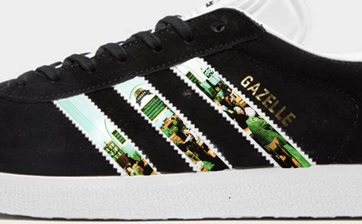 Limited edition Oasis The Masterplan inspired Black Adidas custom Gazelle trainers / sneakers